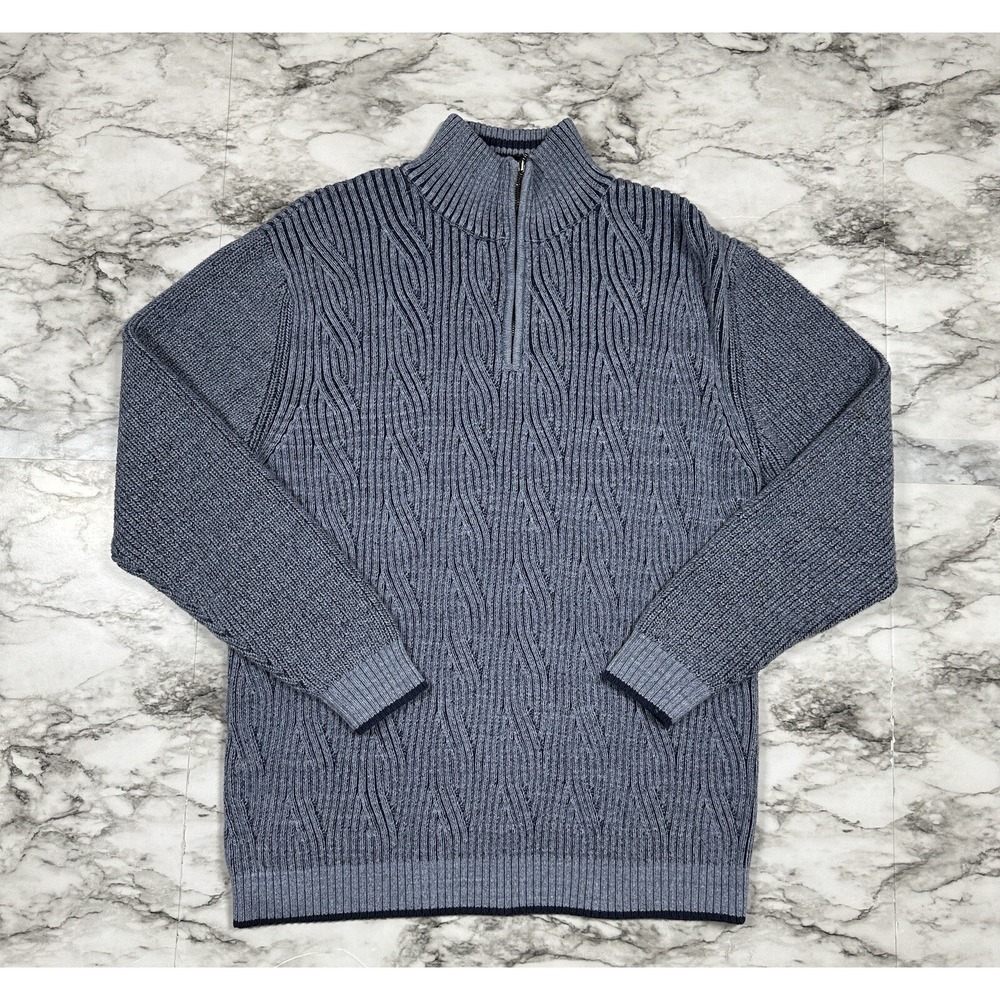 TOMMY BAHAMA Sweater Mens Size L Gray & Dark Blue 1/4 Zip Zip Textured Knit
